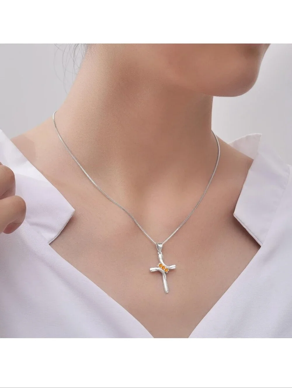 Sterling Silver Cross Necklace with Orange Gem Accents